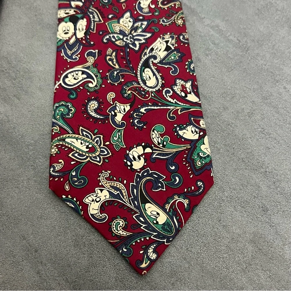 VTG Balancine Disney Mens Neck Tie Red Paisley Hidden Mickey Mouse USA 100% Silk